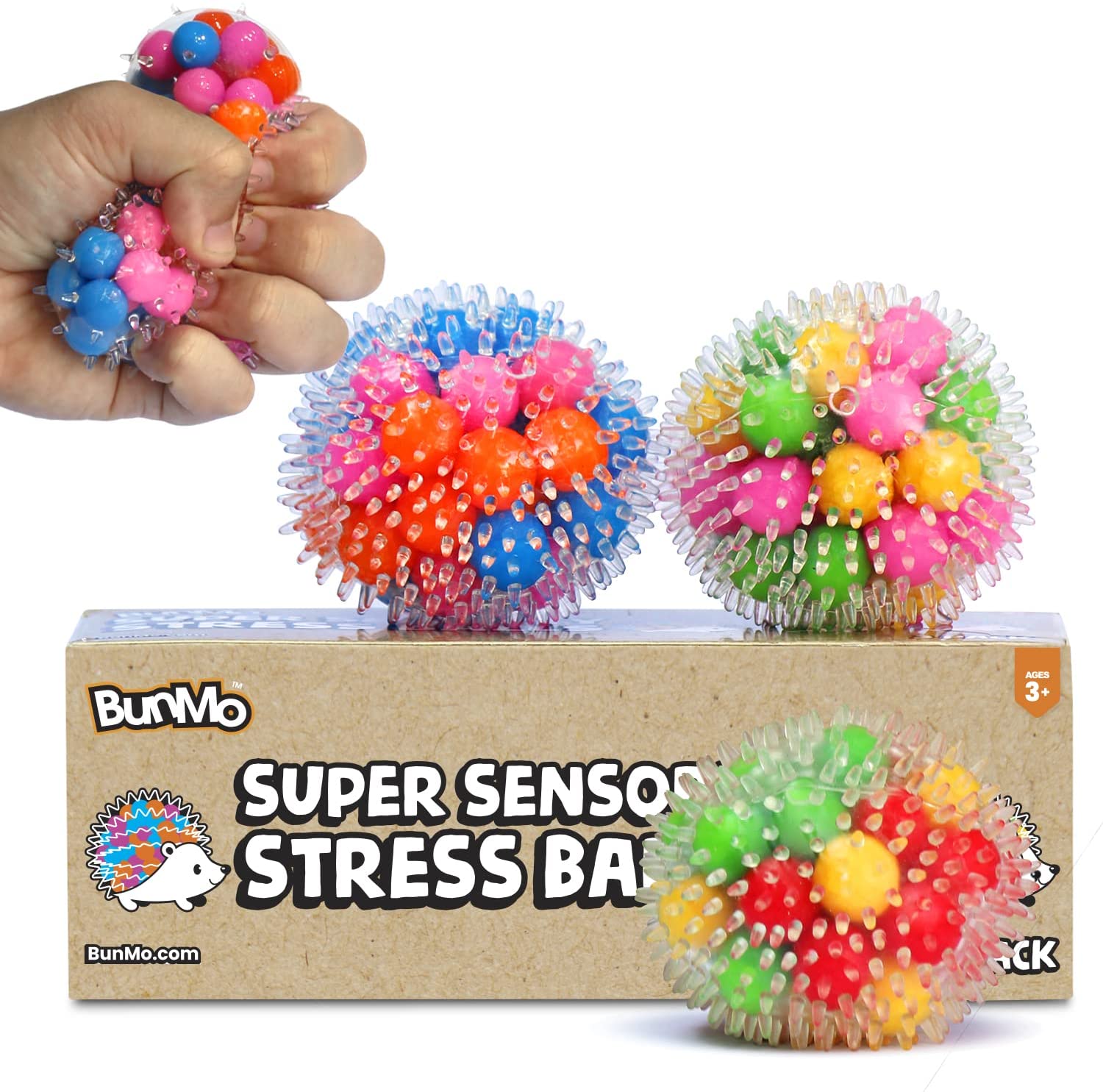 BunMo Hedgehog Stress Balls. 3pc Squishy Stress Ball for Kids – 38 Water Beads. Multi-Color Stress Balls for Adults. Squishy Ball Works as Sensory Toys, or Fidget Ball.